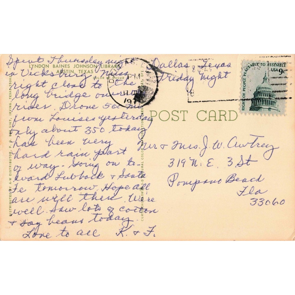 Vintage Lyndon Baines Johnson Library Austin Texas Postcard 1971 Postmark - Picture 2 of 2
